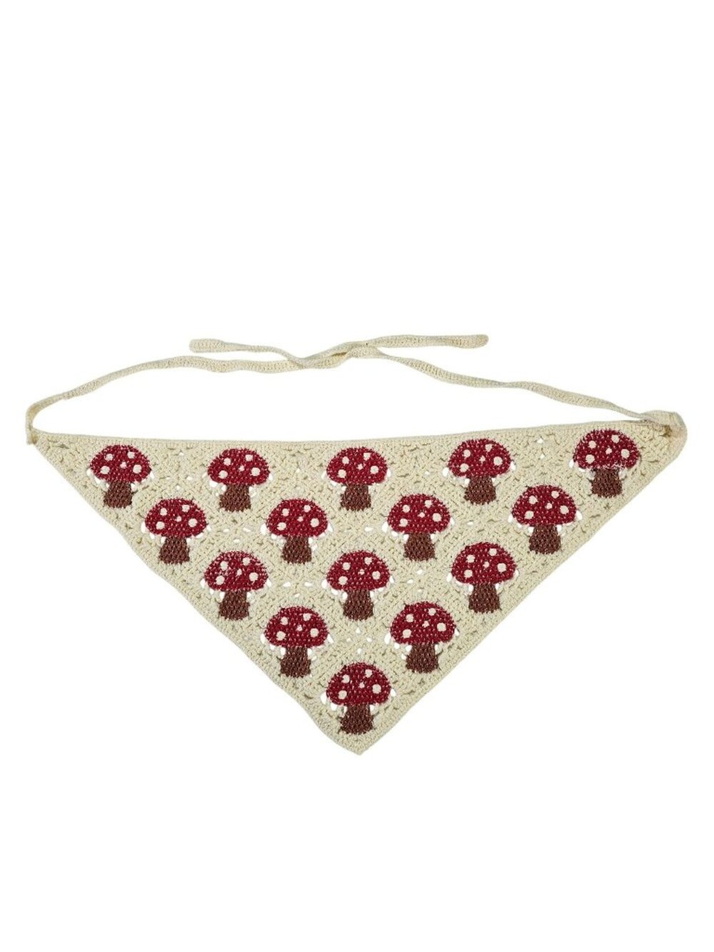 Handmade Crochet Red Mushroom Pattern Bandana Scarf With Adjustable Ties Beige 2